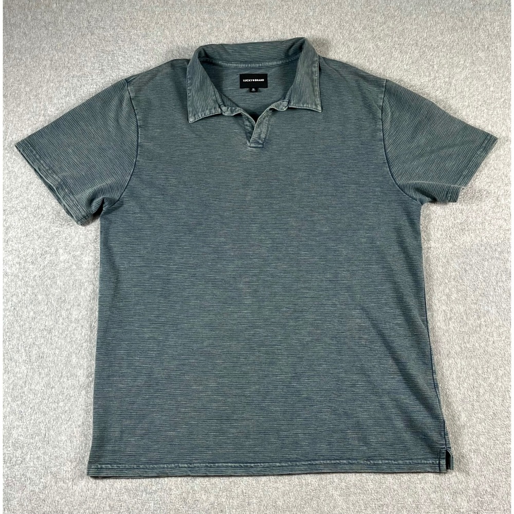 Lucky Brand Men XL Blue Green Micro Strip Johnny Collar Jersey Polo Shirt F00158